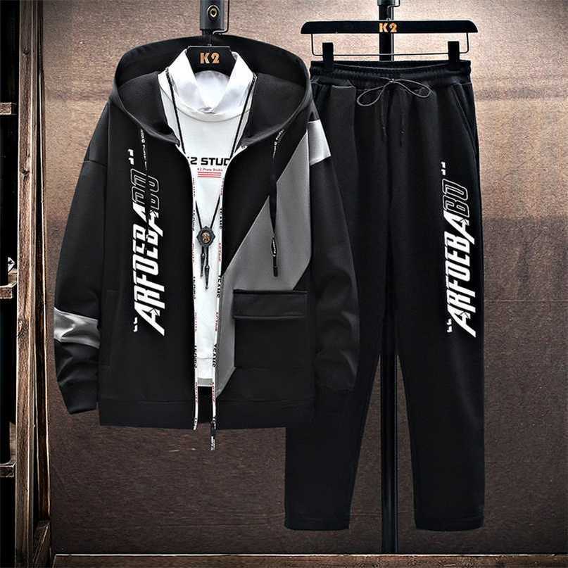 Spring Autumn Men's Two Pieces Set Jacket+Pants Set Casual Zipper Hooded Mens Sports Suit Fashion Streetwear Male Tracksuit Set 211109