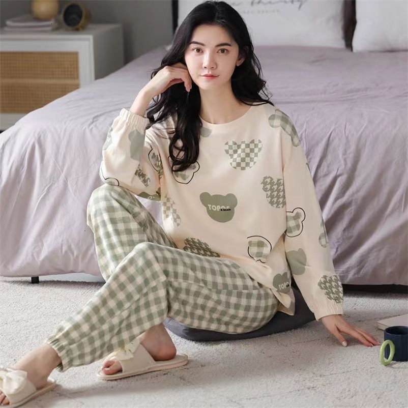 Women's Sleepwear Pajamas Ladies Spring Autumn Long Sleeve Polyester Cotton Women's Autumn and Winter Large Size Casual Autumn Homewear Se