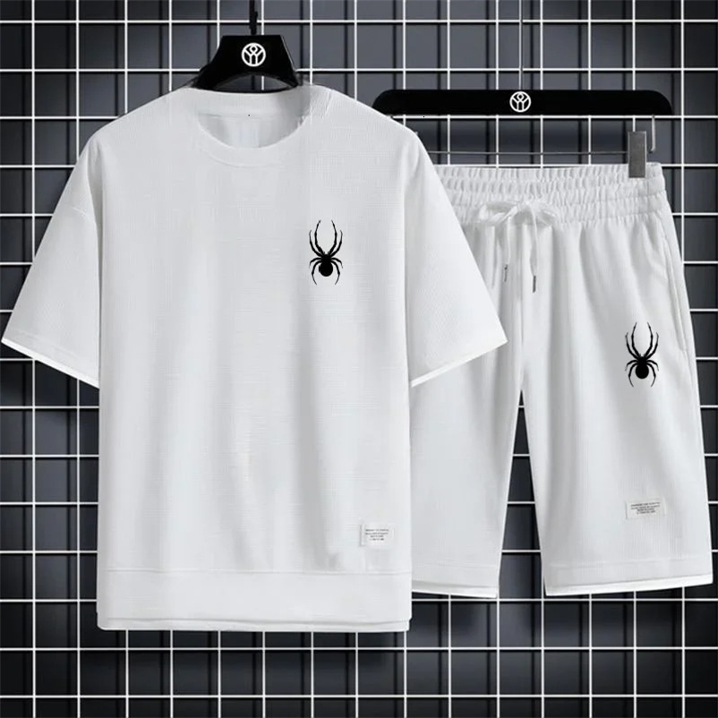 Waffle Fabric Summer Mens Set Fashion Korean Version Sportswear Mens Short Sleeved T-shirtSports Shorts Set 240529