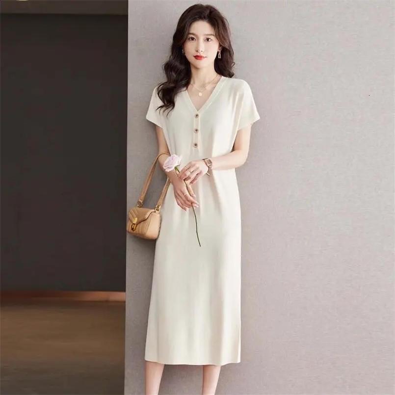 Fashion V Neck Ice Silk Ladies Dresses Summer Short Sleeve Button Solid Color Loose Midi Dress Elegant Casual Women Clothing 240822