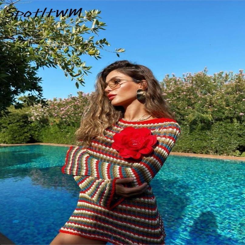 Basic Casual Dresses Striped Knitted Front Flower Decor Mini Dress Elastic Oneck Slim Long Sleeve Short Vestidos Women Aline Party Vacation Clothes