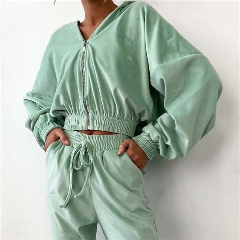 Womens Fall and Winter fashion set zipper hoodie Drawstring Tracksuit Trouser Solid color Two-piece set 250118