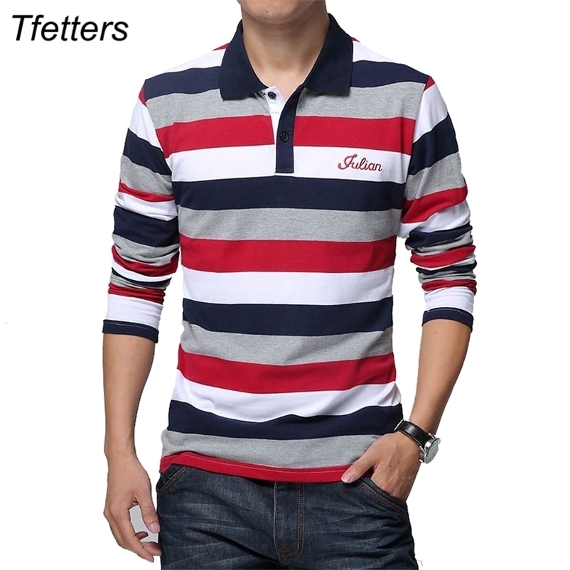 TFETTERS Autumn Men's T-shirt Stripe Pattern Letters Print Long Sleeved T-shirt Turn-down Collar Shirt T-shirt Big Size M - 5XL 210319