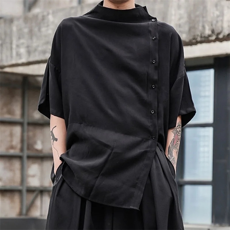 Japanese Stylish Retro Harajuku Button Blouses Mens Five-point Sleeve Small Stand Collar Loose Large Size Korean Shirt 250207