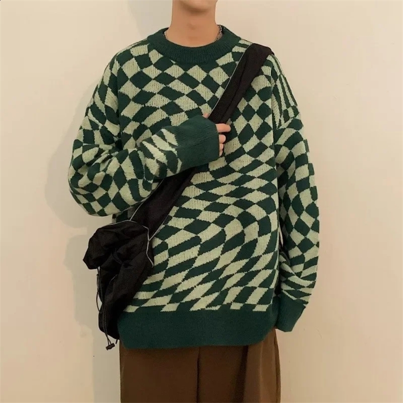 Cross-border Autumn Winter Soft Supple Idle Style Loose Fit Bf Green Irregular Chessboard Knitted Top Sweater Jacket Men Women 240829