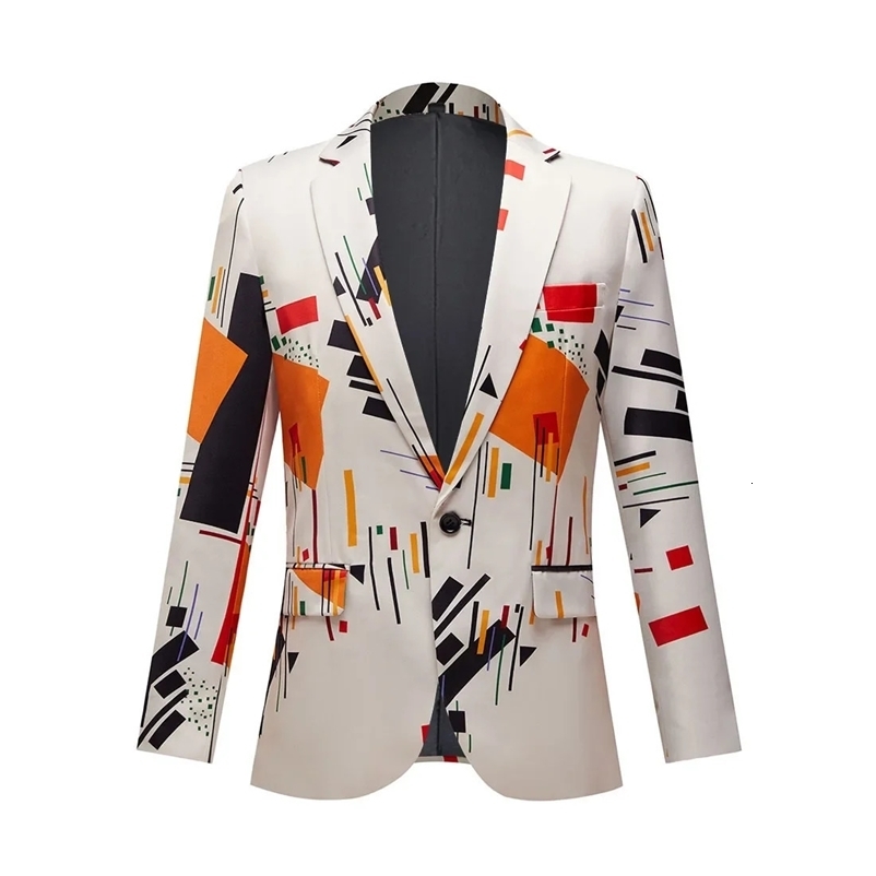 Mens Fashion Casual Suit Jacket Red Orange Black Geometry Pattern Printed Casual blazer 240318