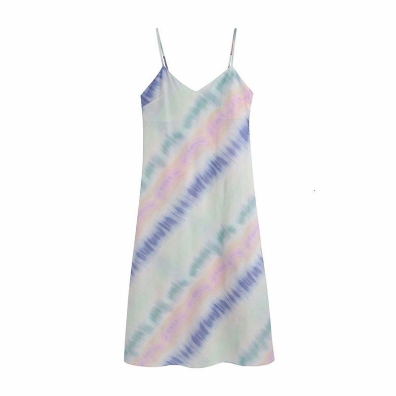 PUWD Vintage Women V Neck Straight Dress Summer Fashion Ladies Chinese Style Female Tie-dyed Silk Texture 210522