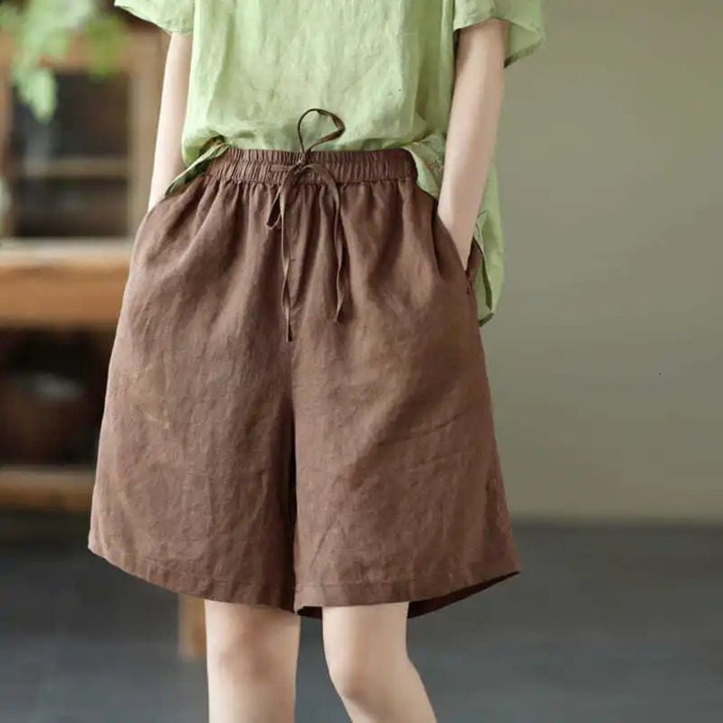 Minimalist Fashion Solid Color Pocket Elastic Lace Up Womens Summer Cotton Hemp Elegance Casual Loose Straight Leg Shorts 240428