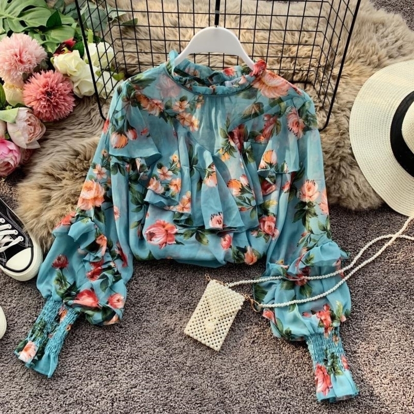 Women's Chiffon Shirt Spring Autumn Sweet Printing Stand Collar Long Sleeve Shirt Bottoming Tops Women Shirts Blouses GD252 201028