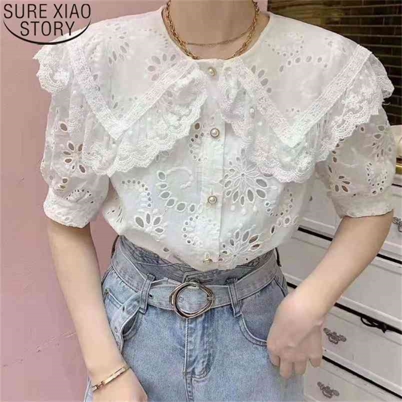 White Lace Shirt Women Hollow Out Tops Korean Chic Short Sleeve Summer Loose Female Casual Solid s Blusas 13608 210506