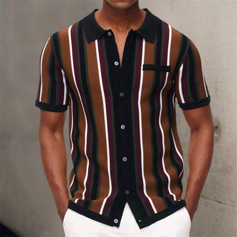 Men's Polos Men's Summer Knitted Polo Shirt Contrast Color Single-breasted Short Sleeve Stripe Print Knitted Summer Tops Male Clothes 2303