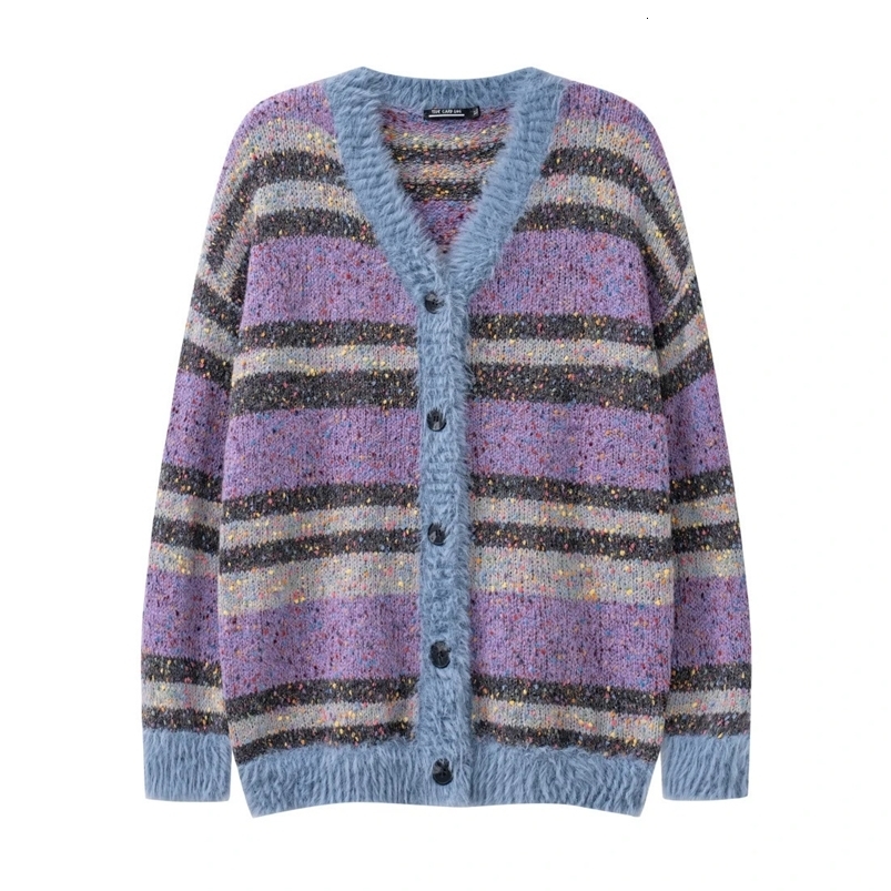 Colorful spotted striped cardigan Y2k Harajuku mens and womens loose Mohair knitted autumn and winter knitted jacket 241125