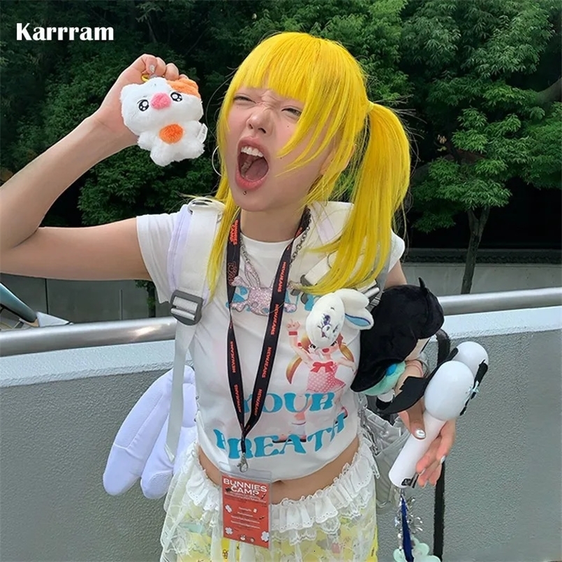 Karrram Japanese Y2k Letter Print T-shirt 2000s Aesthetics Anime Crop Top Vintage Harajuku Short Sleeve Tee Shirt Kawaii Lolita 240816