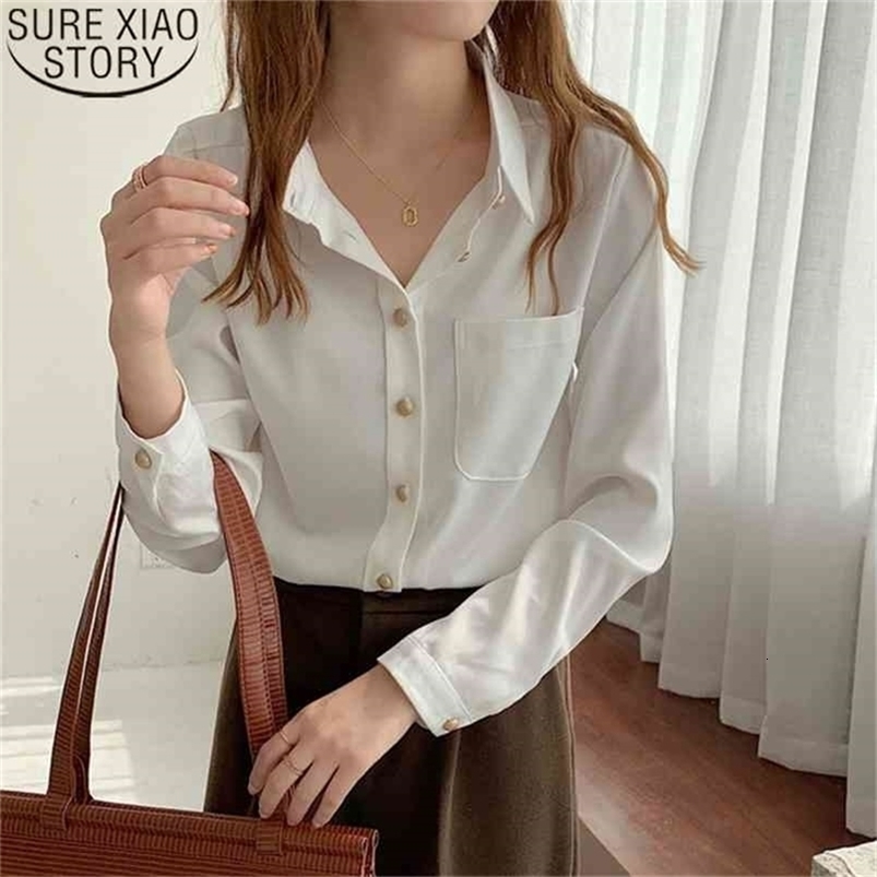 Office Ladies Tops Chiffon Shirts Vintage Women Spring White Long Sleeve Plus Size Clothing Pocket 13166 210506