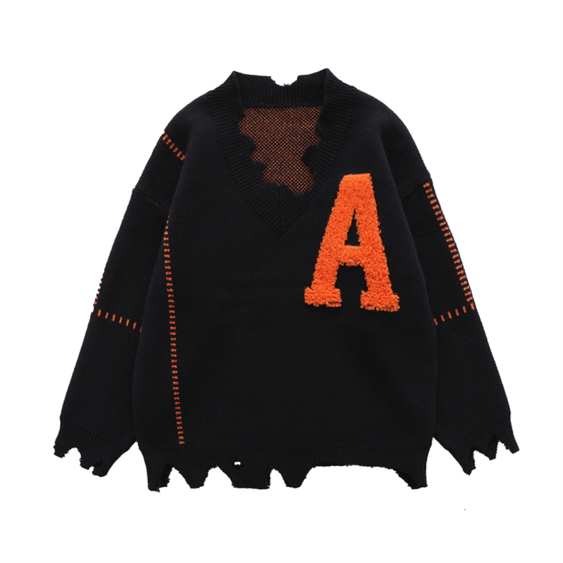 Mens Sweaters Irregular Hem Frayed Letter Embroidery V Neck Casual Men and Women High Street Retro Pullover Knitted Autumn Clothes 230904