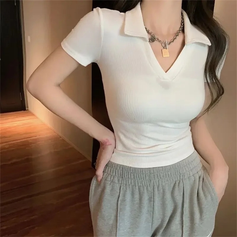 Polo Neck Shirt for Women White Plain Slim Woman T High Quality Pulovers Korean Style Youthful Elegant Y2k Fashion Summer 240805