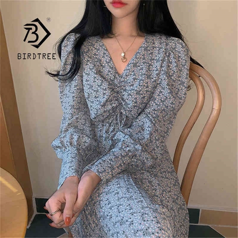 Summer Women's Korean Style V-Neck Floral Drawstring Long Puff Sleeve Loose Elegant Mid-Length Dress Lady D13202X 210416