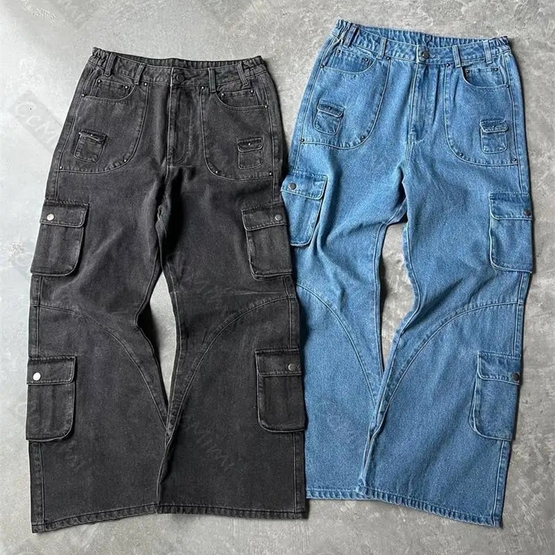 Retro Draped Loose Wide-leg Pants Denim Casual Large Pocket Cargo Pants Y2k Trousers Baggy Jeans Men Ripped Men's Clothing 231221