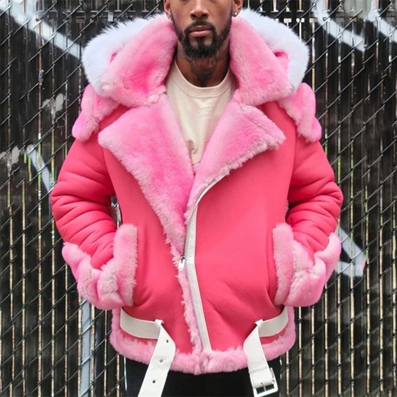 Black fur collar thick wool lining mens leather jacket street fashion warm and windproof one-piece jacket 240927