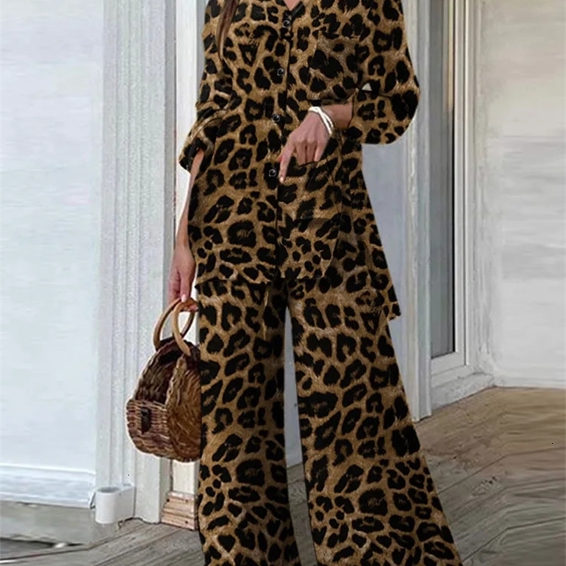 ZANZEA Vintage 2PCS Pant Sets Summer Women Fashion Leopard Printed Casual Loose Tops and Pant Outfits Wide Leg Pant Sets 240408