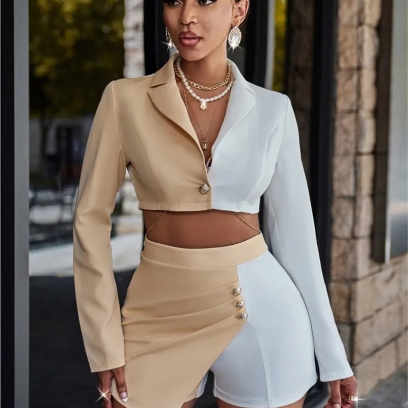 Two Piece Elegant Office Womens Long Sleeved Shorts Patchwork Jacket Fashion High Waisted Short Skirt Womens Set Spring Autumn 250327