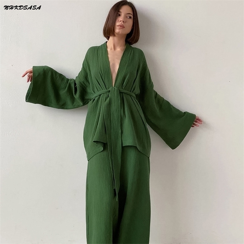 NHKDSASA Kimono Pajamas 100% Cotton Crepe Long-Sleeved Trousers Ladies Sleepwear Suit Women's Home Service Mujer 211118