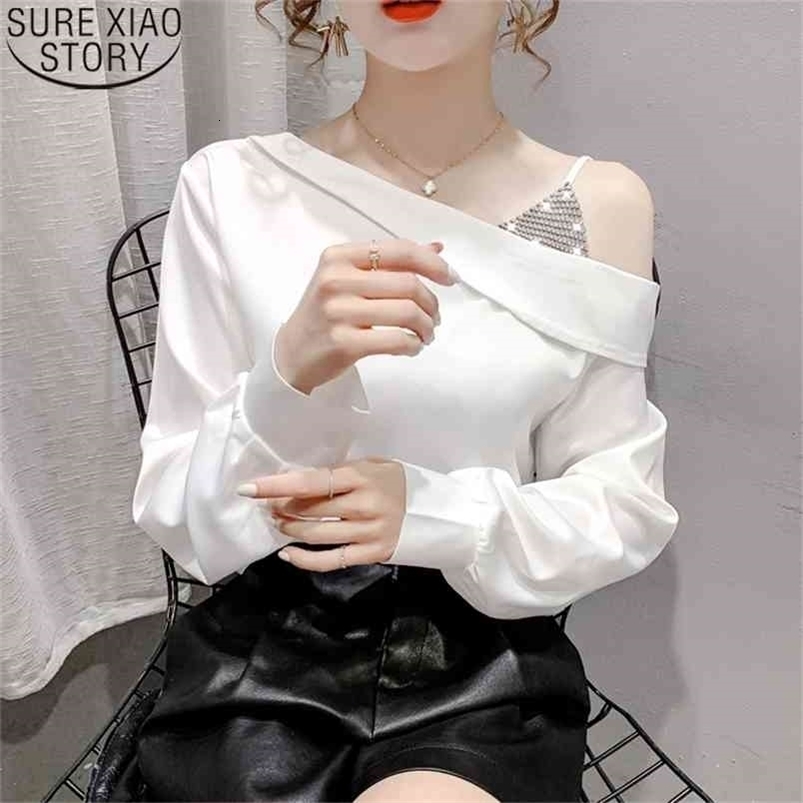 White Blouse Women Tops Spring Sexy Off-shoulder Fashion Skew Collar Long Sleeve Chiffon Blouses Loose Clothes Blusas 13730 210506