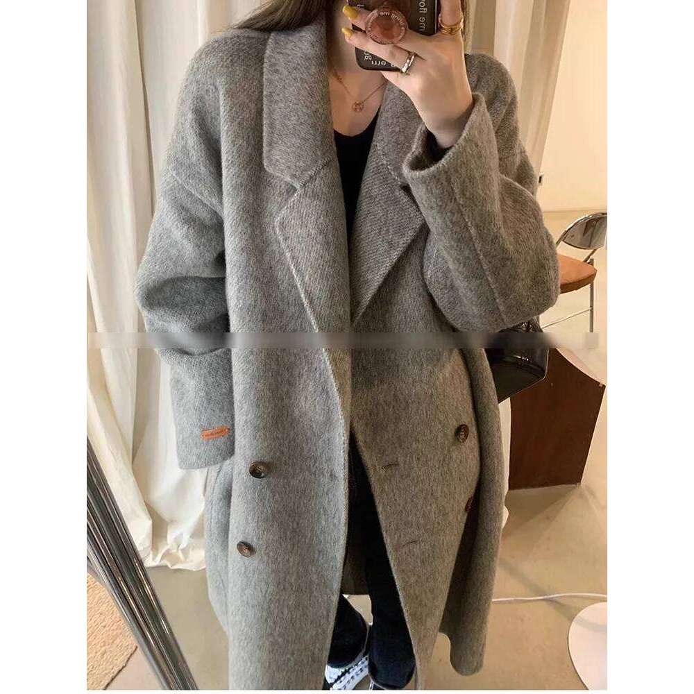 Grey Double-Sided Cashmere Coat For Women's Autumn And Winter New High-End Woolen Mid Length Jacket