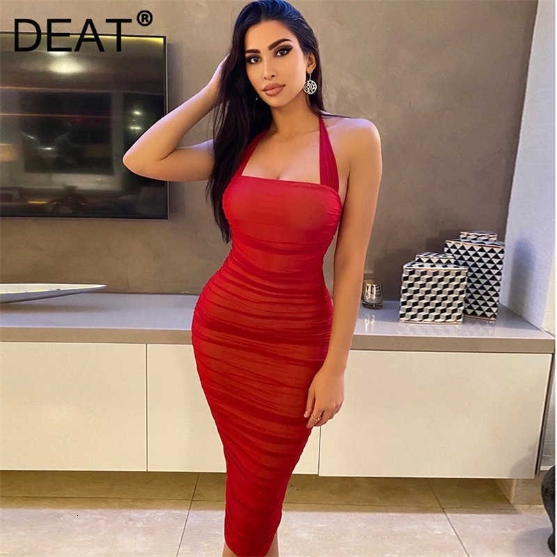 DEAT Women Mesh Pleated Halter Suspender Buttocks Dress Solid Color High Waist Fashion Spring Summer 11B457 210709