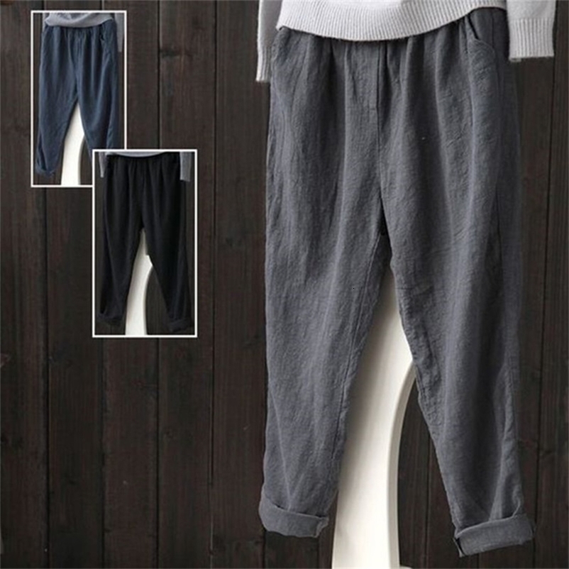 Women's Pants Capris Women Elastic Waist Ankle Pants Casual Women's Cotton Linen Pants Loose Harem Trousers Female Summer Solid Retro Trou