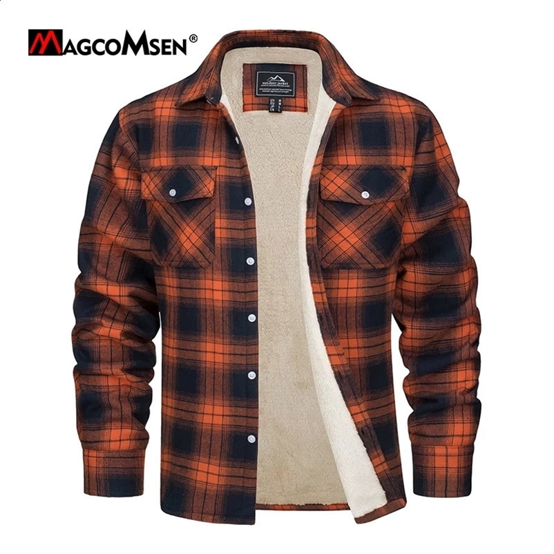 MAGCOMSEN mens wool plain flannel shirt jacket button up casual cotton jacket thick spring work jacket Sherpa jacket 241007