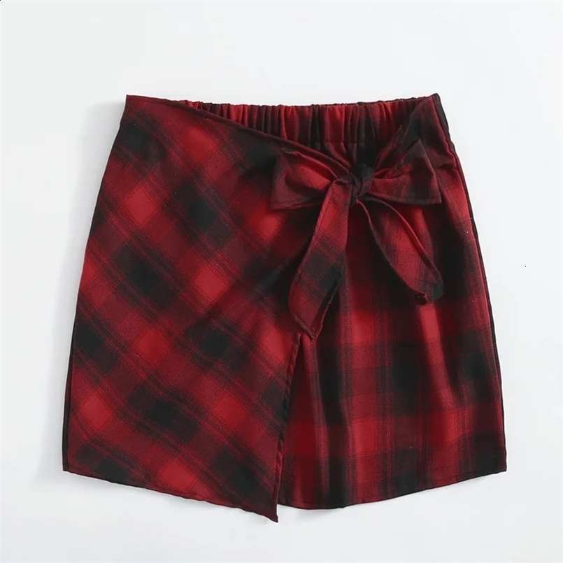 Plus Size Elastic Waist Summer Spring Casual Bandage Plaid Skirt Women Bow Front Vintage Checked Mini Skirt Plus Size Bottoms 240814