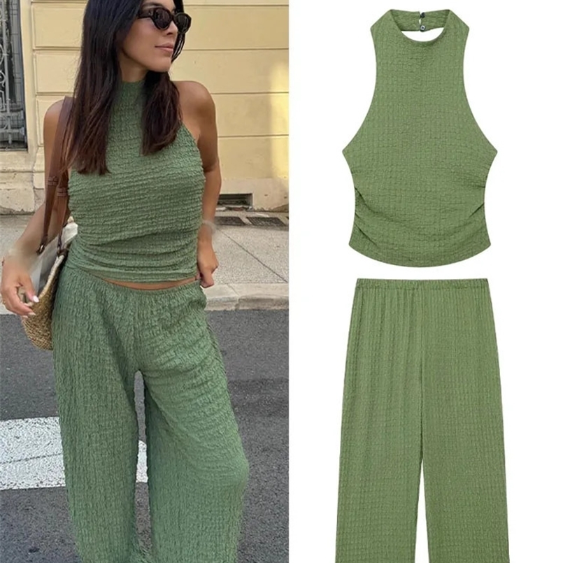 TRAFZA Women 2 Piece Set Elegant Sexy Backless Sleeveless Ruched Textured Halter Neck TopElastic Waist Casual Wide Leg Pant 240731