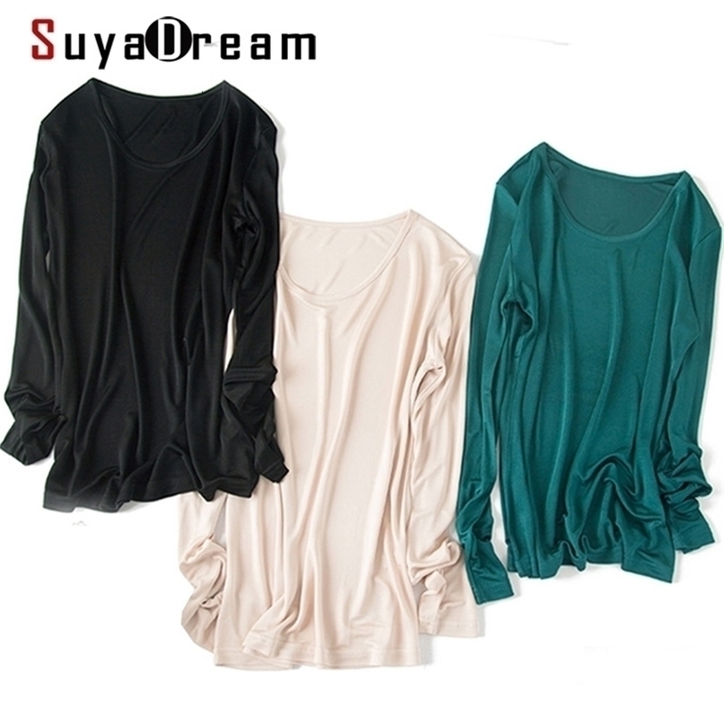 SuyaDream Women Basic Shirt Real Silk T shirts Solid Long sleeved O neck Healthy TOP Autumn Winter Wine 210322