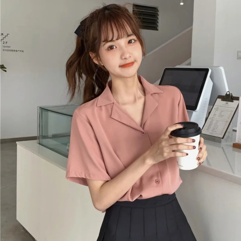 Turndown Collar Short Sleeve Chiffon Shirt Blouse Women Office Ol Overalls Casual Button Loose Summer Simple Tops 240328