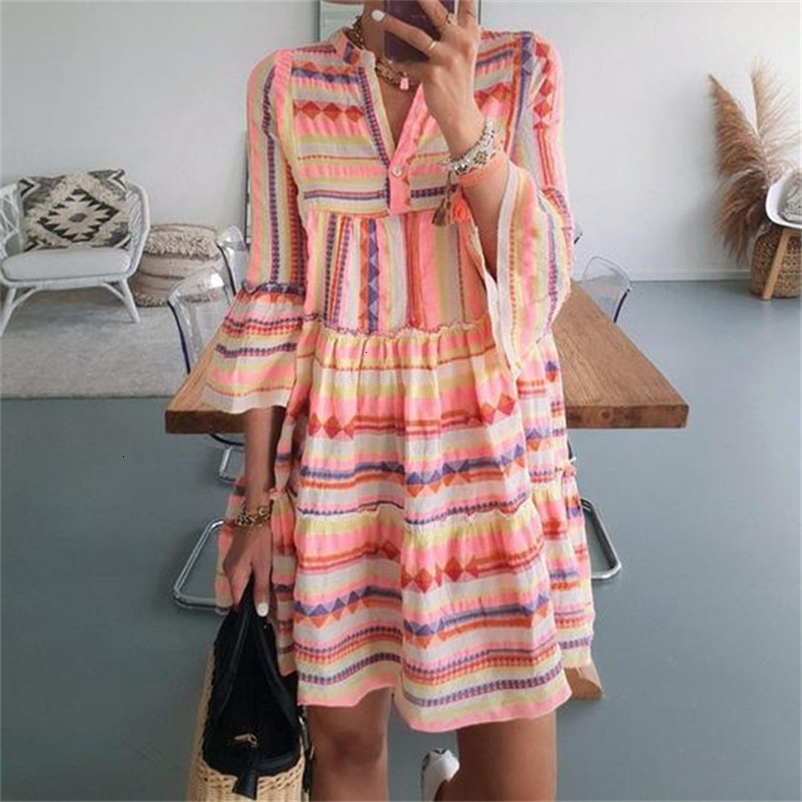 Casual Dresses Geometric Printed Stripe Dress Women's Elegant Long Flame Sleeves V-Neck Casual Loose Mini Dress Autumn Summer Bohemian Dress 23