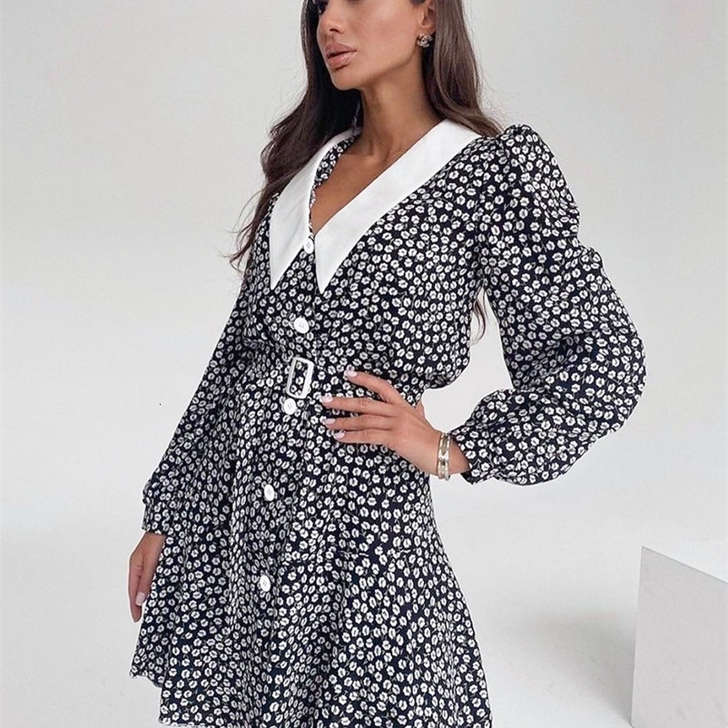 Casual Dresses Bclout Elegant Print Dress Women's Spring Peter Pan Neck Belt Fluffy Sleeve Dress Fashion Party A-Line Sexy Mini Dress Retro 230