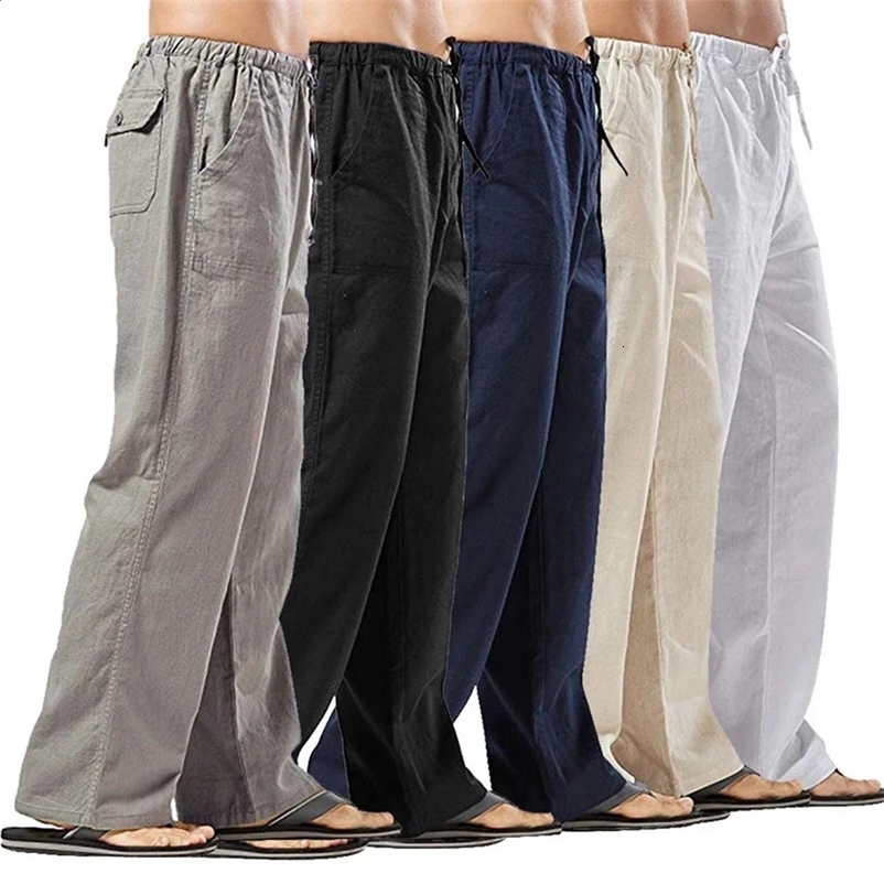 Fashion Men Linen Pants Multiple Pockets Casual Trousers Summer Breathable Cotton Linen Streetwear Male Spring Loose Sweatpants 240423