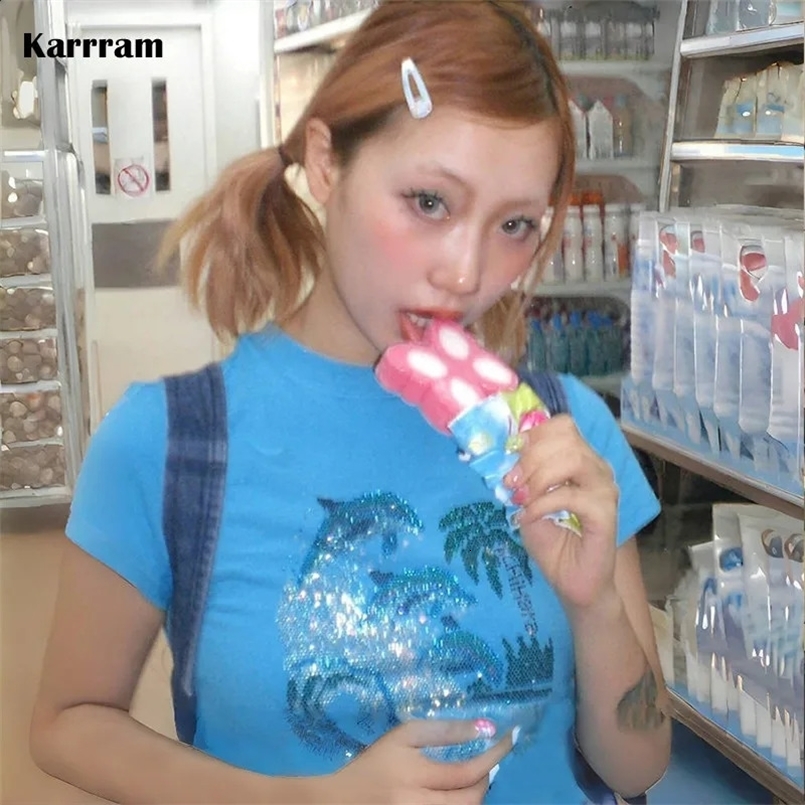 Karrram Japanese Y2k Rhinestones T-shirt Vintage Harajuku Diamond Print T Shirts Trashy 2000s Aesthetics Blue Tee Shirt Grunge 240816