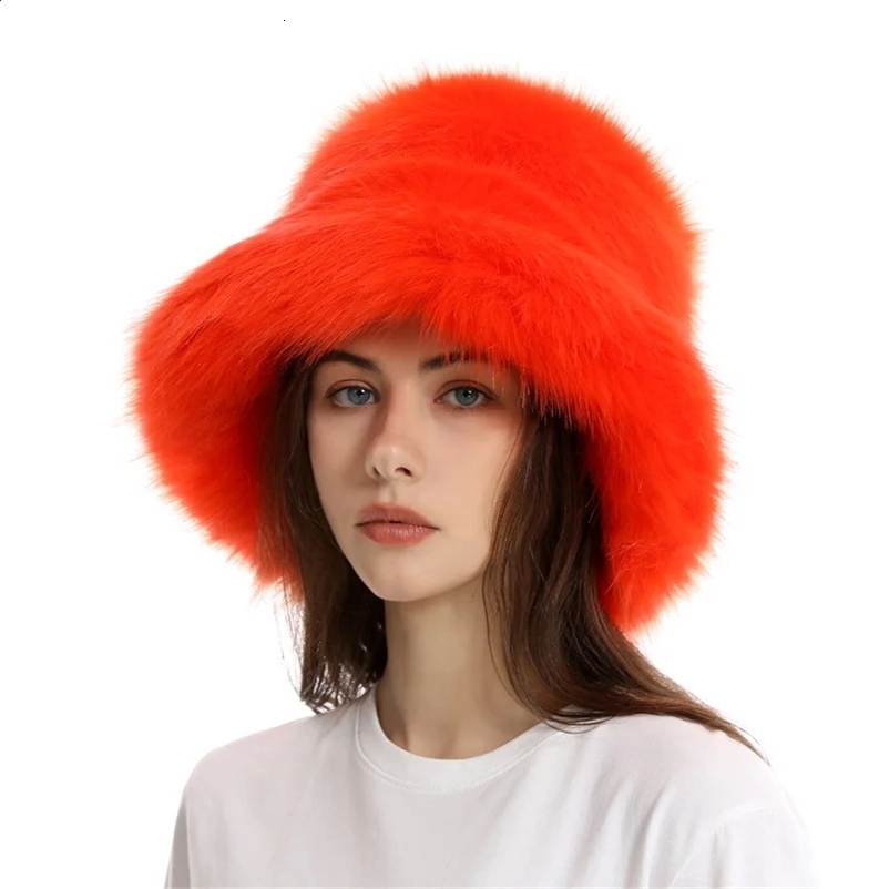 2024 Fluffy Faux Fur Bucket Hat Purple Womens Fur Warm Thick Plush Winter Hat Womens Fashion Fur Panama Fishermans Hat240920bj