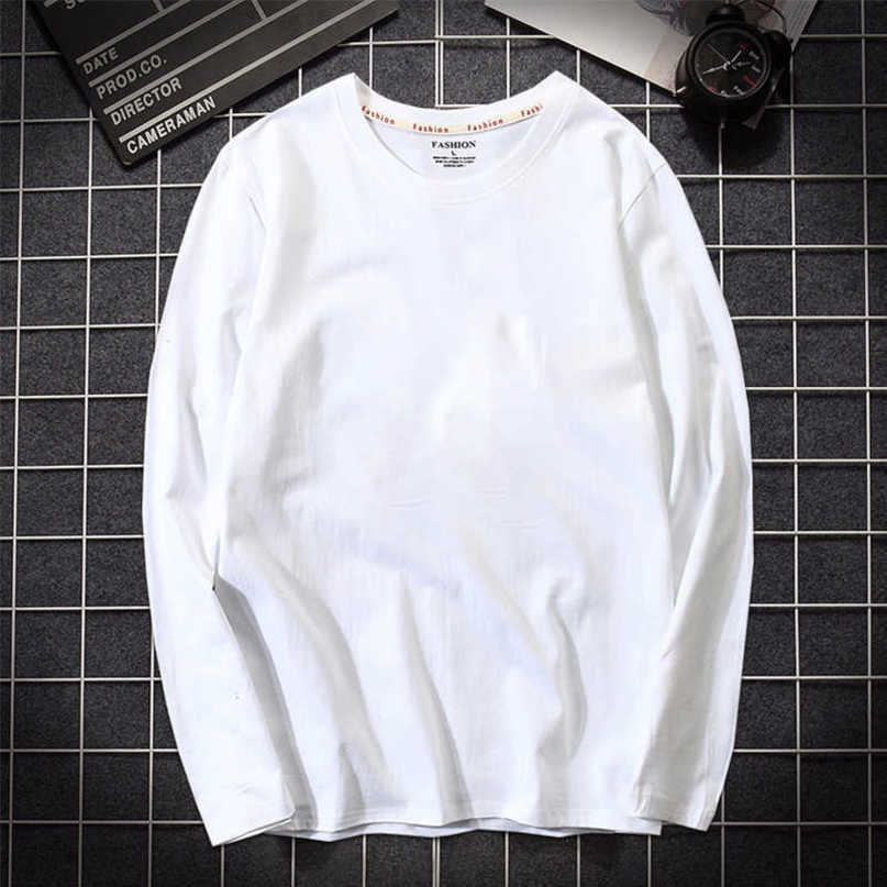 Autumn Mens T shirt 100% Cotton Long Sleeve Slim T-shirt Male Pure color High-Quality casual tee shirt white Plus size 5XL 210707