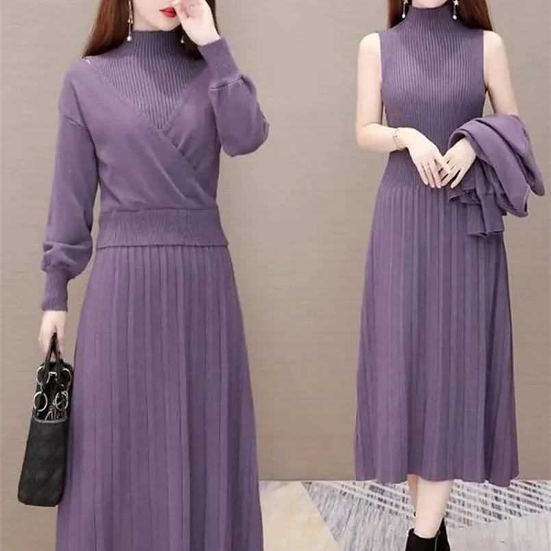 Office Lady Knitwear Dress 2 Piece Set Elegant Long Sleeve Short Knit Top Outfit Knee-length Sleeveless A-line Vestidos Conjunto 240829