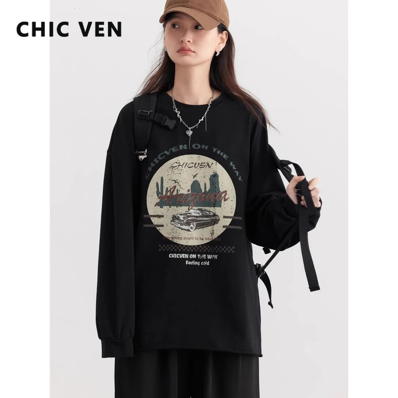 CHIC VEN Women TShirts Streetwear Round Neck Letter Printed Long Sleeved Tshirt Loose Inner Layer Top Spring Summer 240416