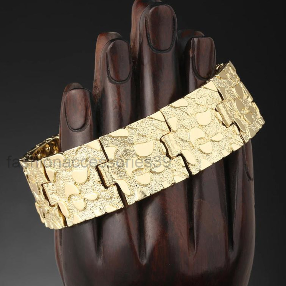 Charm Bracelets Bangle Wholesale Price Hip Hop Jewelry 22CM Mens Watchband Bracelet Gold Color Chunky Nugget Textured Link