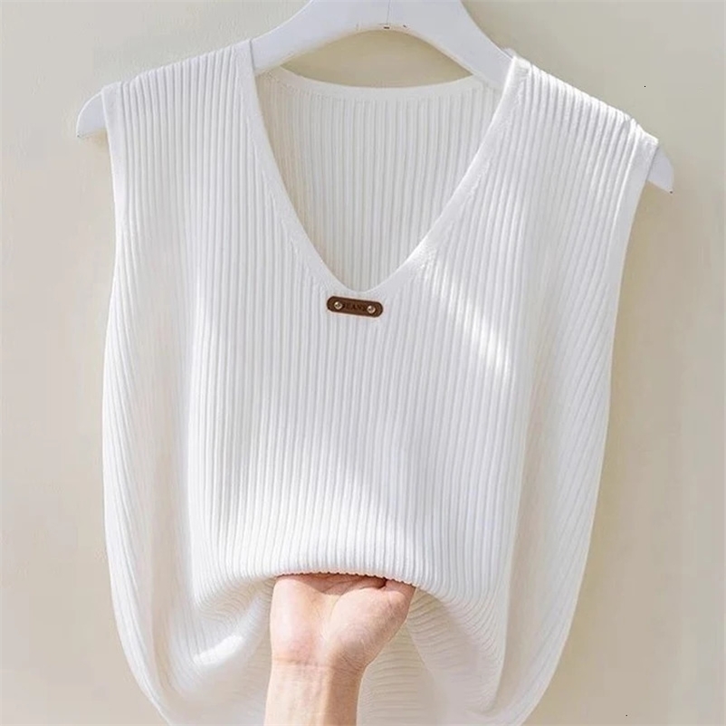 Summer V-neck Fashion Sleeveless Vest Women Elegant Casual Solid Color Pullovers Cute Ventilate All-match Chic Thin Tanks 240513