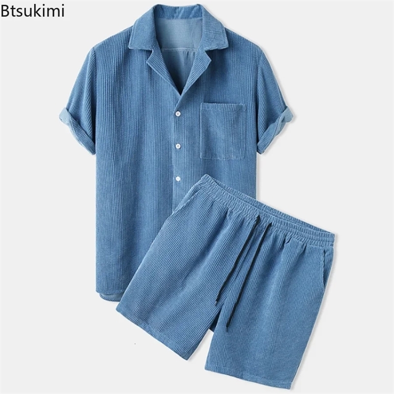 Summer Men Corduroy Shorts Sets Fashion Lapel Short Sleeve Shirts Shorts Solid 2 Piece Set Mens Casual Sportswear Sets 240529