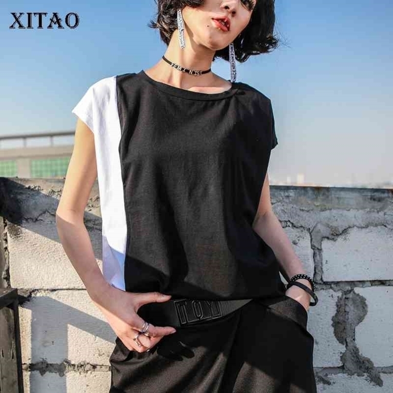 XITAO Hit Color Plus Size T Shirt Women Short Sleeve Pullover Patchwork Vintage O Neck Casual Korean Clothes Summer LJT1838 210322