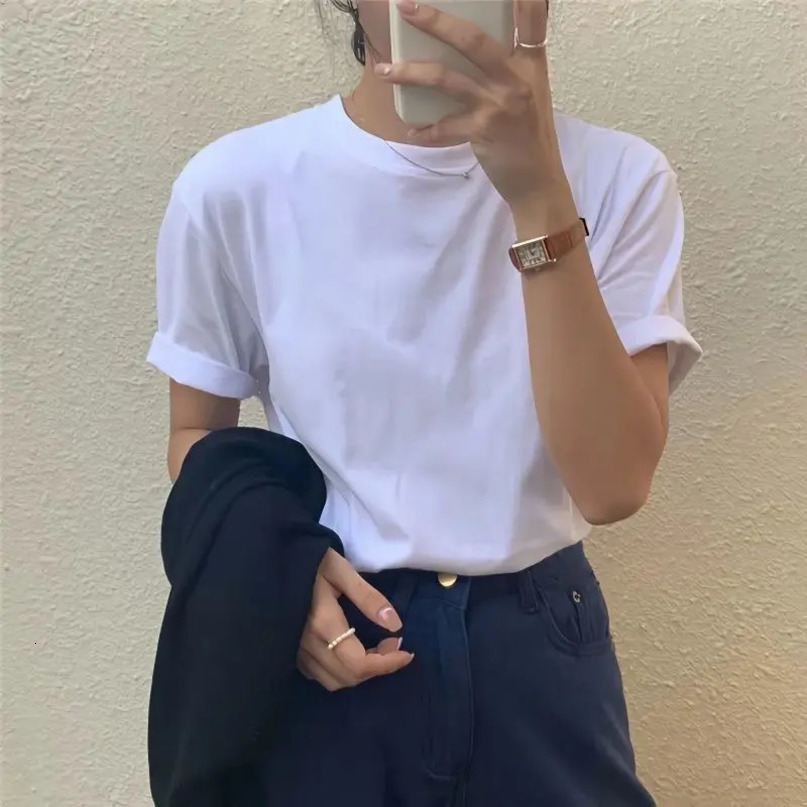 Summer Pure Cotton Women Top Short Sleeved Spring and Autumn Inner Matching Loose Bottomed Shirt Korean Shoulder White Tshirt 240328