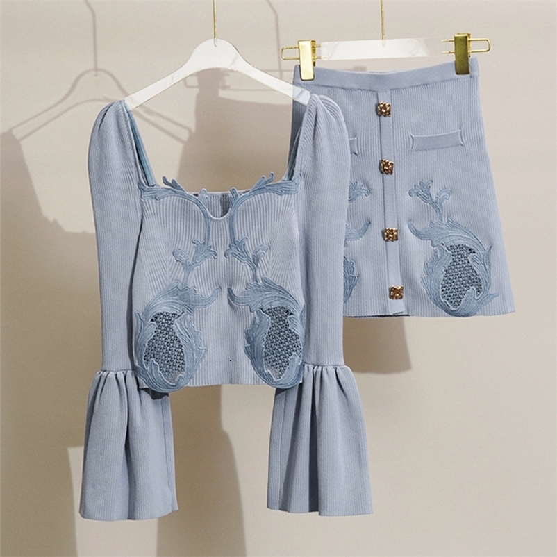 Two Piece Dress Arrive Knitted Women Two Pieces Sets Square Collor Flare Sleeve Embroidered Sweater A-line Elastic Mini Skirt 230422