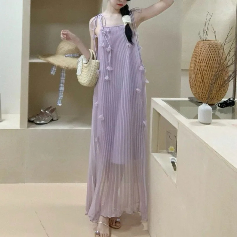 Womens Clothing Tie Flowers Solid Color Summer Sleeveless Camisole Slash Neck Casual Elegant Fashion Shirring Straight Dresses 240615
